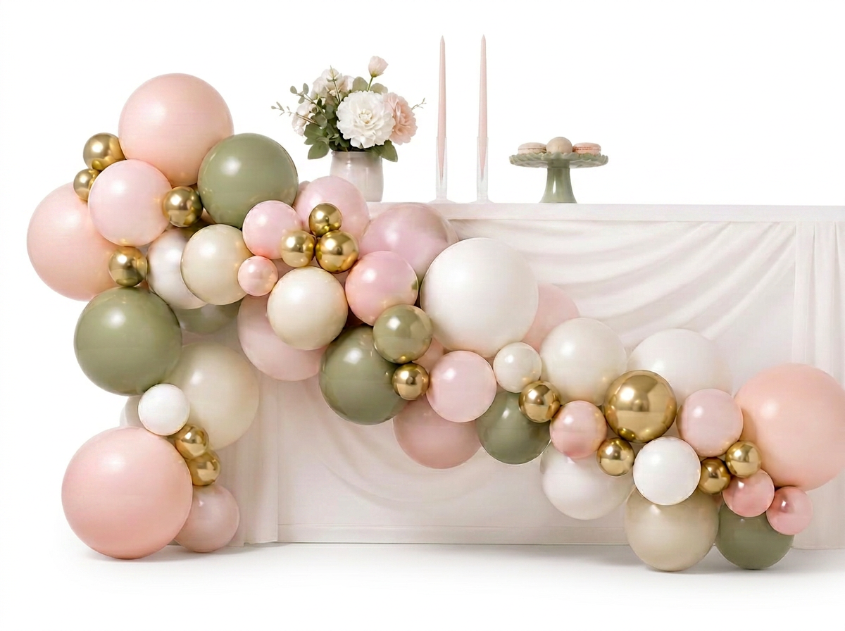 Organic blush, sage and gold balloon garland draped along a styled white table on a clean white studio background