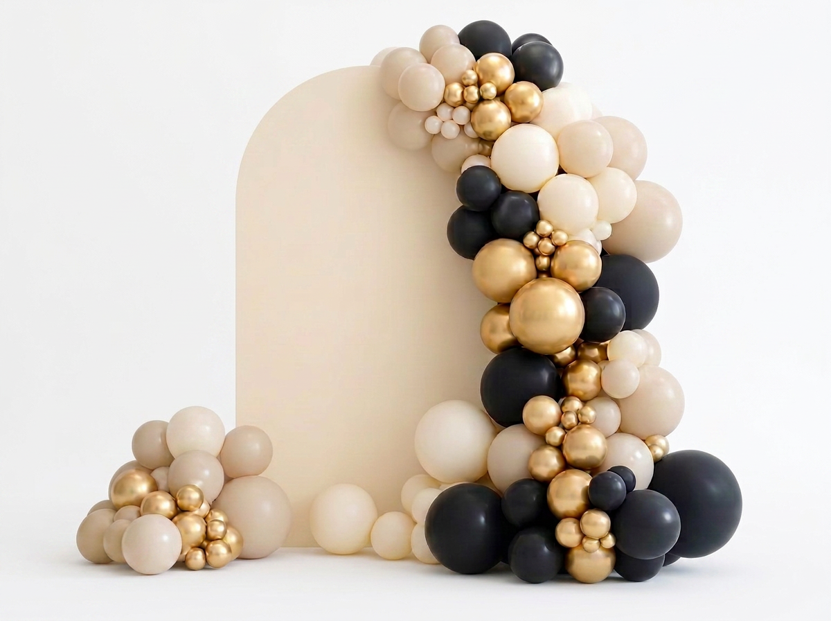 Elegant arched cream backdrop framed with matte black, champagne, ivory and metallic gold balloons on a clean white studio background