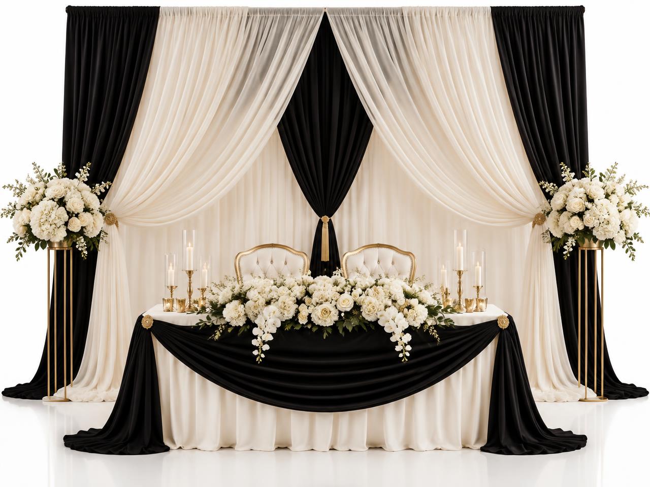 Layered black and ivory fabric backdrop behind a styled head table with gold accents on a clean white studio background
