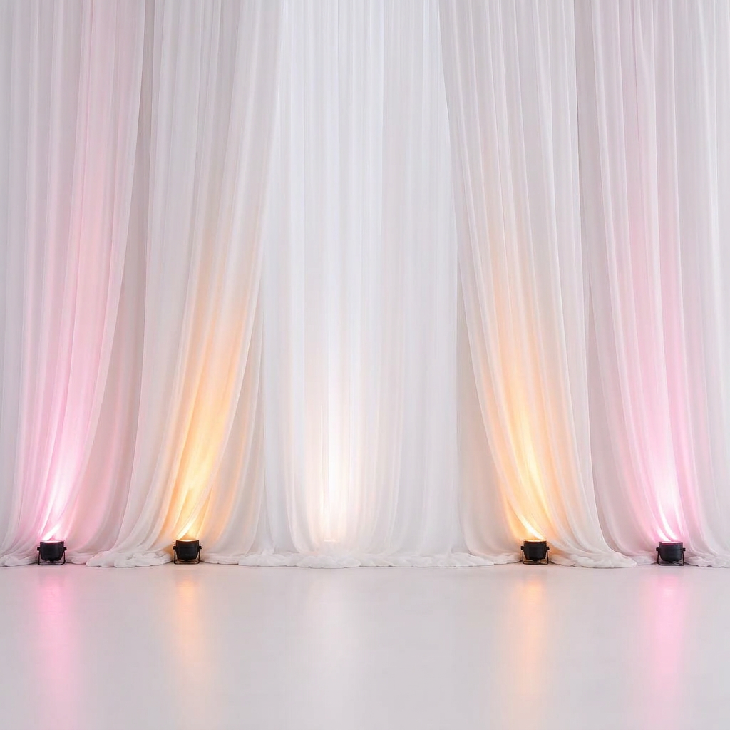White and ivory fabric draping panels washed in pink and amber uplighting from small wireless uplights on the floor on a clean white studio background